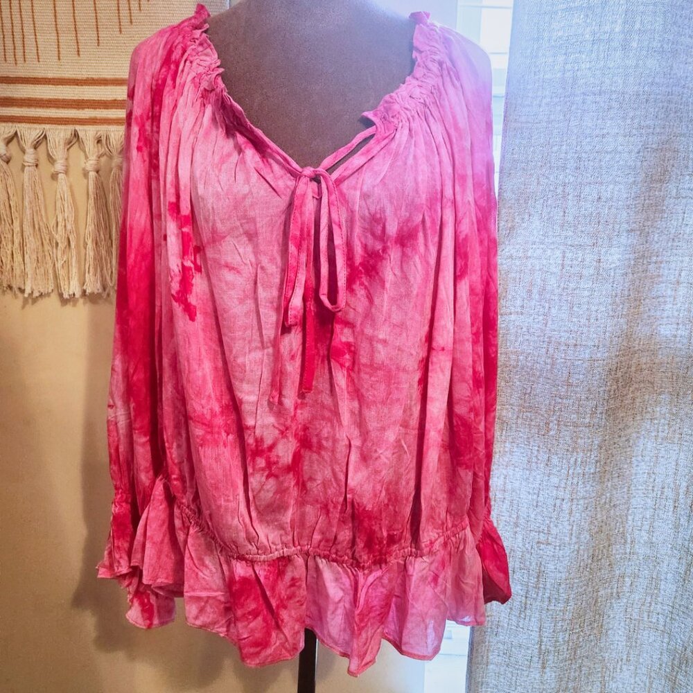 eesome Hot Pink Tie Dye Boho Top Dramatic Sleeves  | Maximalist Boho | Size XL